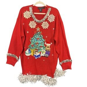Vintage 2X women's ugly Christmas sweater dress embellished Embroidered Sequined